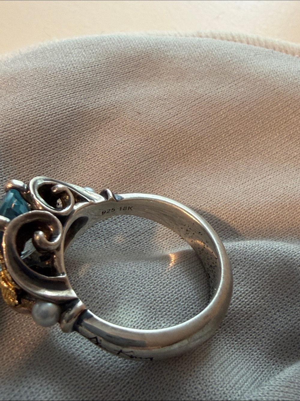 Blue Topaz-Style Silver Ring with Gold Leaf Accents - Picture 4 of 4